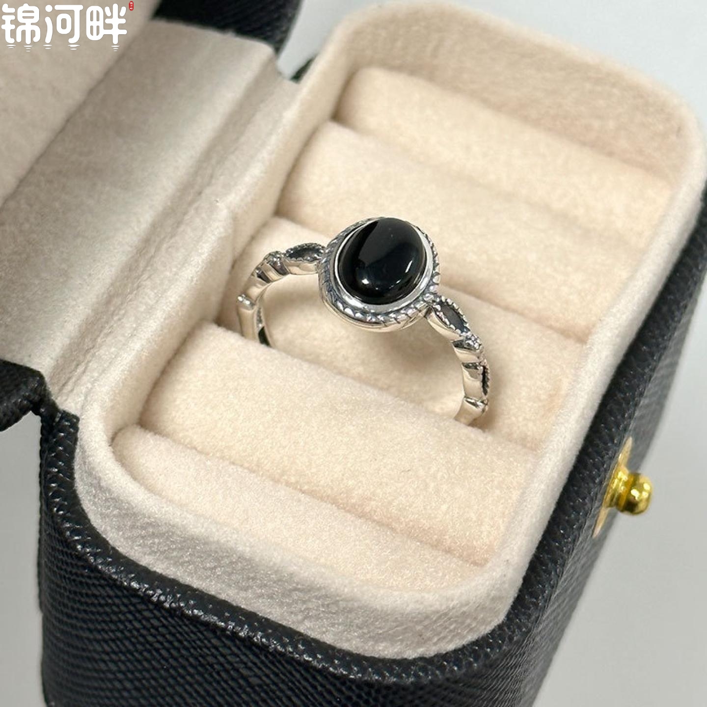 锦河畔 925纯银椭圆黑玛瑙戒指女简约复古做旧嘻哈街头推拉设计