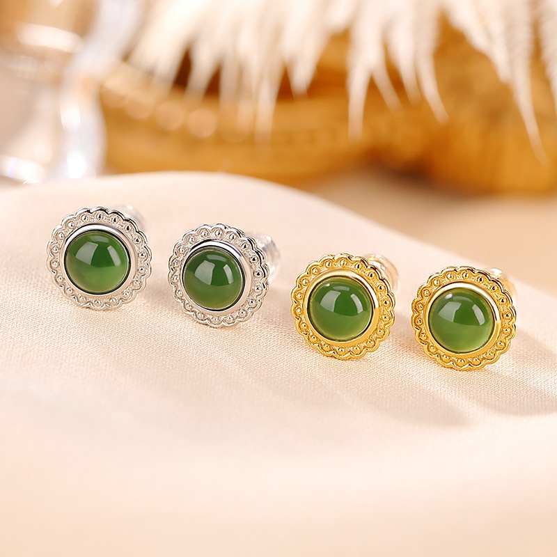 锦河畔 s925纯银镀金和田玉碧玉复古圆形耳钉小巧精致简约百搭