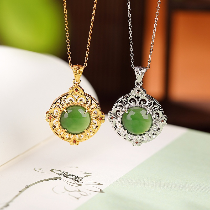 锦河畔 s925纯银镀金和田玉碧玉轻奢气质祥云如意镂空吊坠复古挂