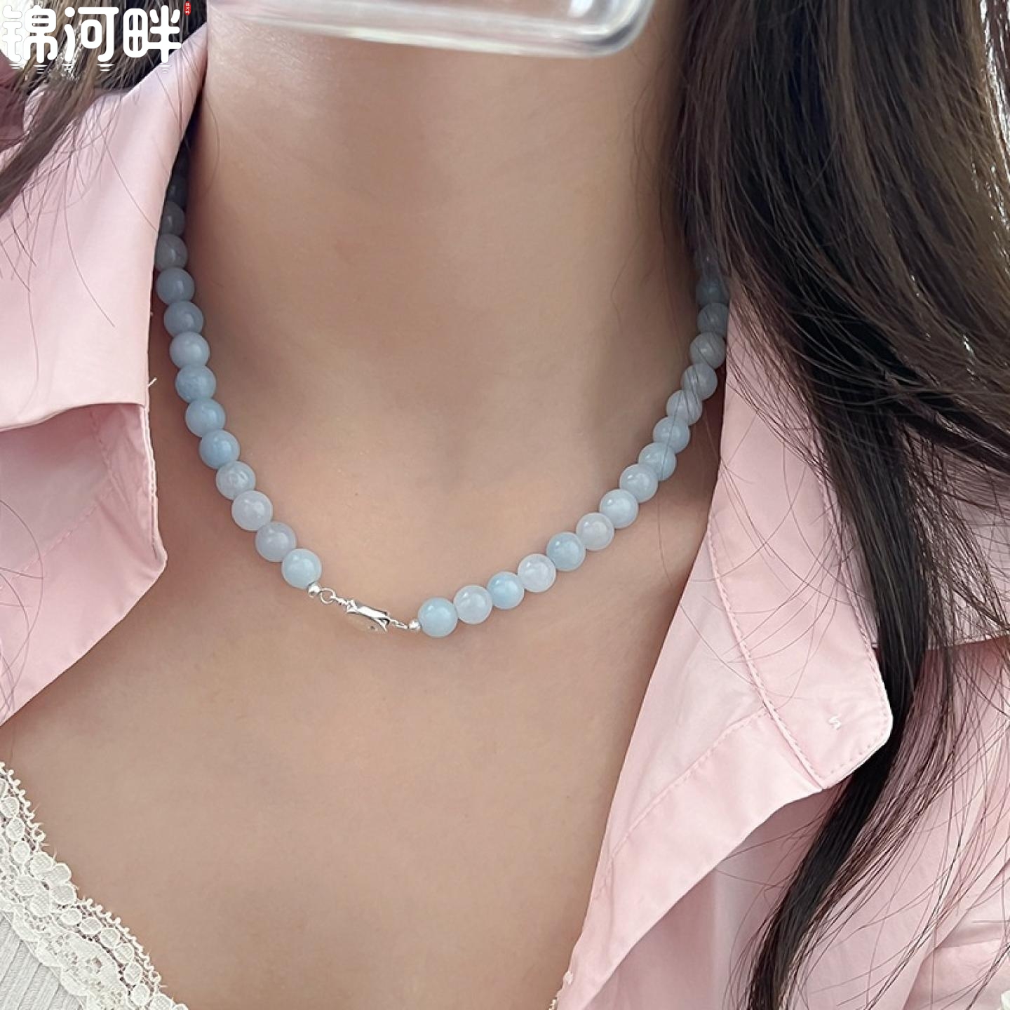 锦河畔 海蓝宝项链女925纯银豌豆扣子锁骨链2024年夏季新品首饰