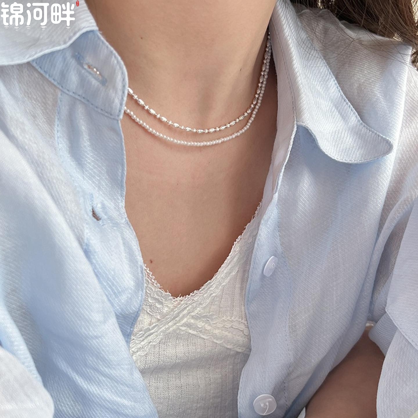 锦河畔 波光粼粼系列意大利钻光雕花串珠项链通体纯银裸链施家