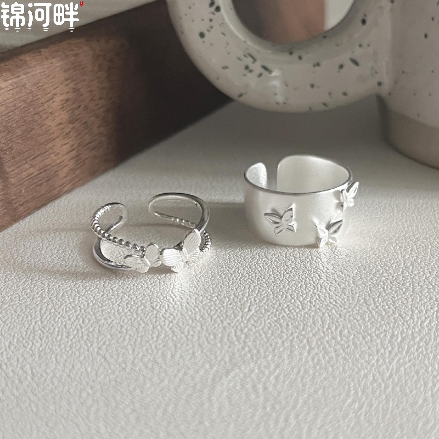 锦河畔 通体s925纯银蝴蝶戒指小众设计宽面磨砂轻奢高级感食指