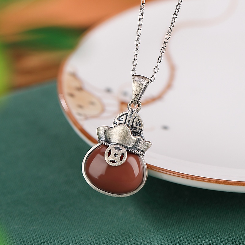 锦河畔 s925纯银南红复古做旧钱币钱袋吊坠民族风吉祥回纹福袋挂