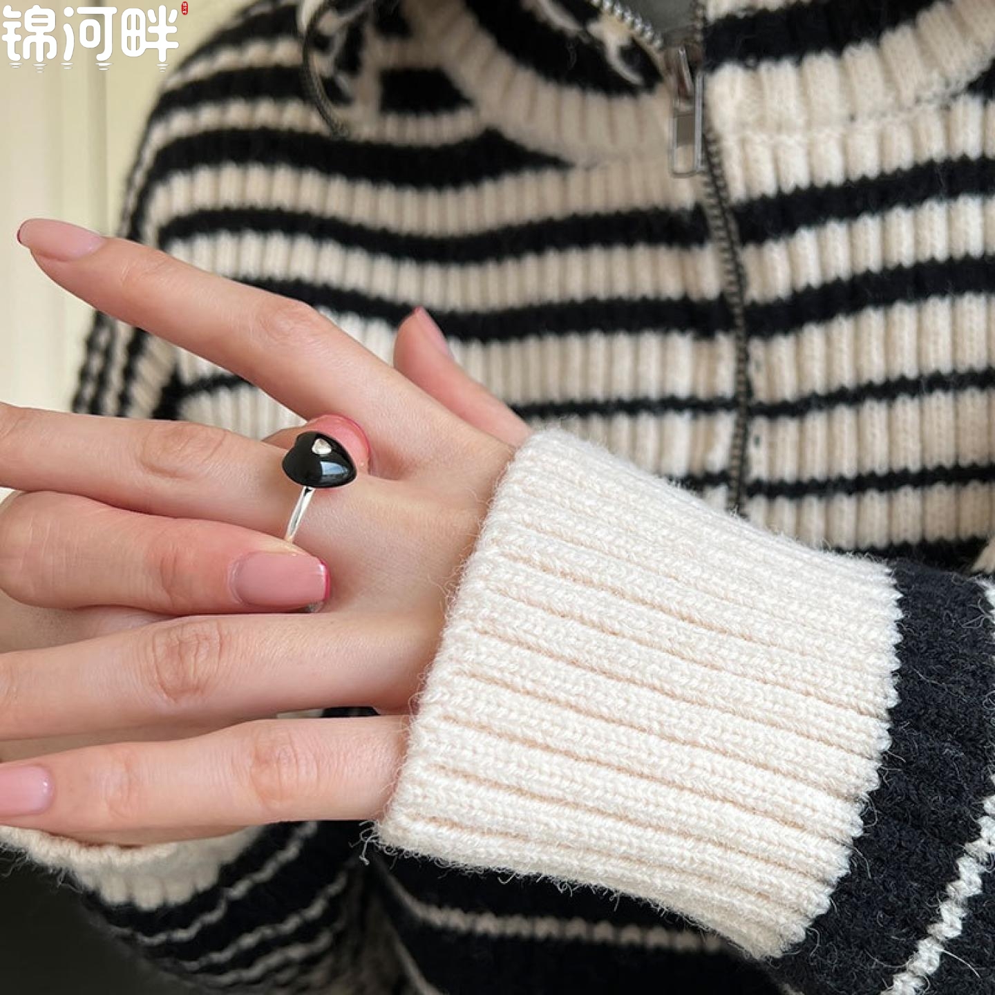 锦河畔 黑玛瑙爱心戒指s925纯银韩国可爱小众首饰j170x高级感轻奢
