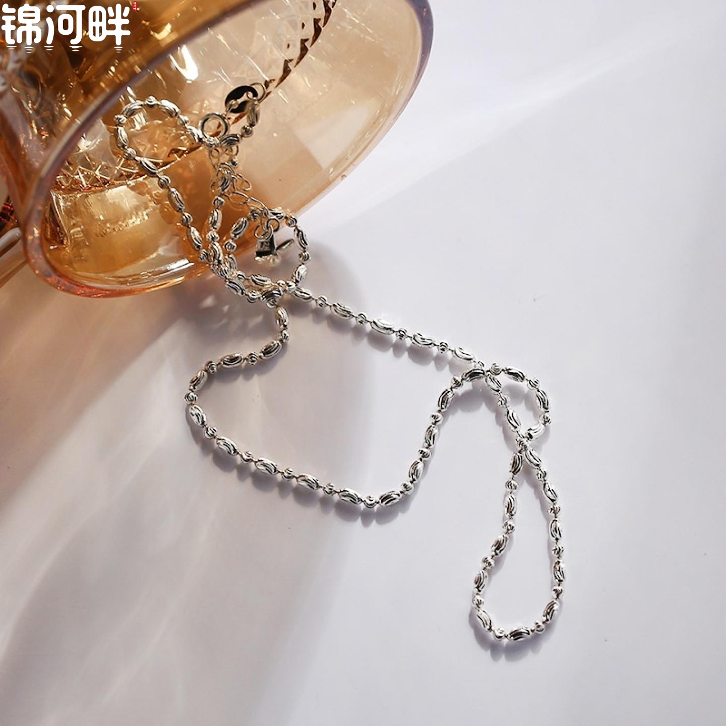 锦河畔 波光粼粼系列意大利钻光雕花串珠项链通体纯银裸链气质