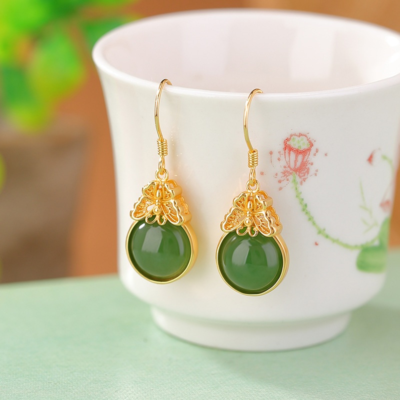 锦河畔 s925纯银镀金和田玉碧玉向阳而生复古蝴蝶花丝镂空圆形