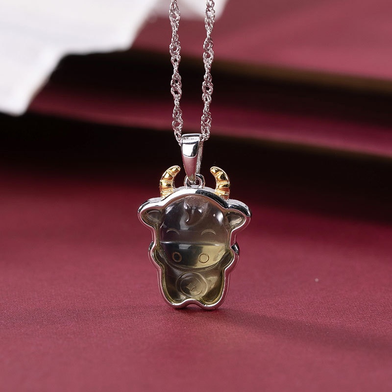 锦河畔 s925纯银天然墨西哥蓝珀吊坠国潮萌牛生肖牛套链项链