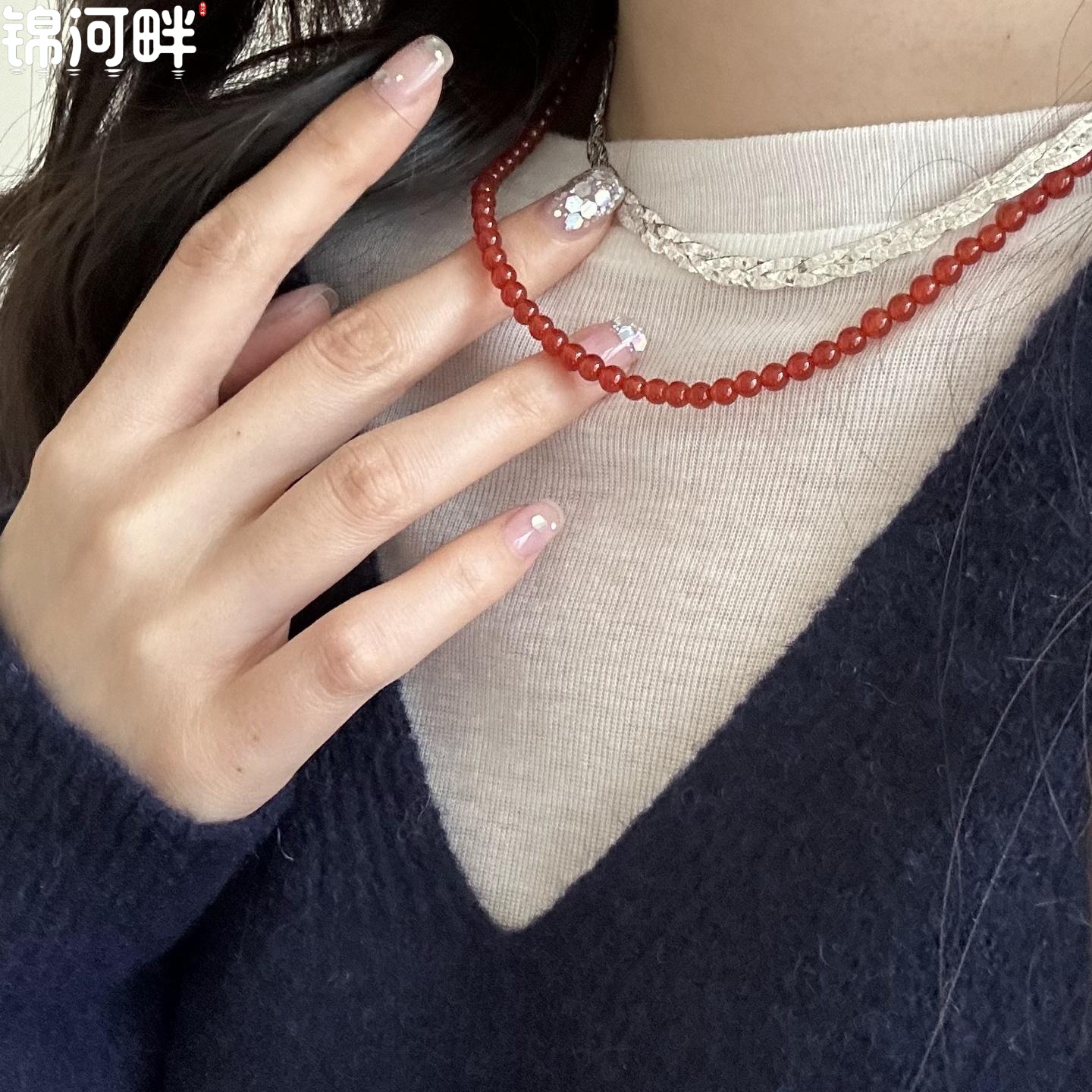 锦河畔 925纯银交织蛇骨项链女时髦多层缠绕裸链亮银锁骨链叠