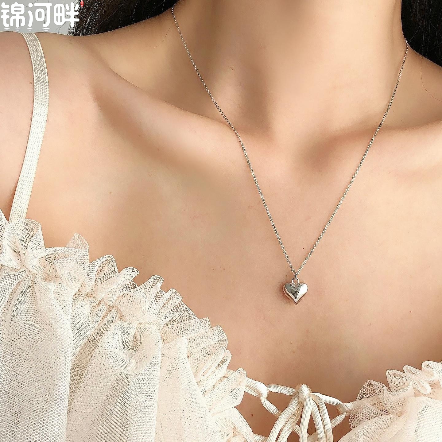 锦河畔 s925纯银爱心项链女简约优雅甜美气质小众设计桃心形锁骨