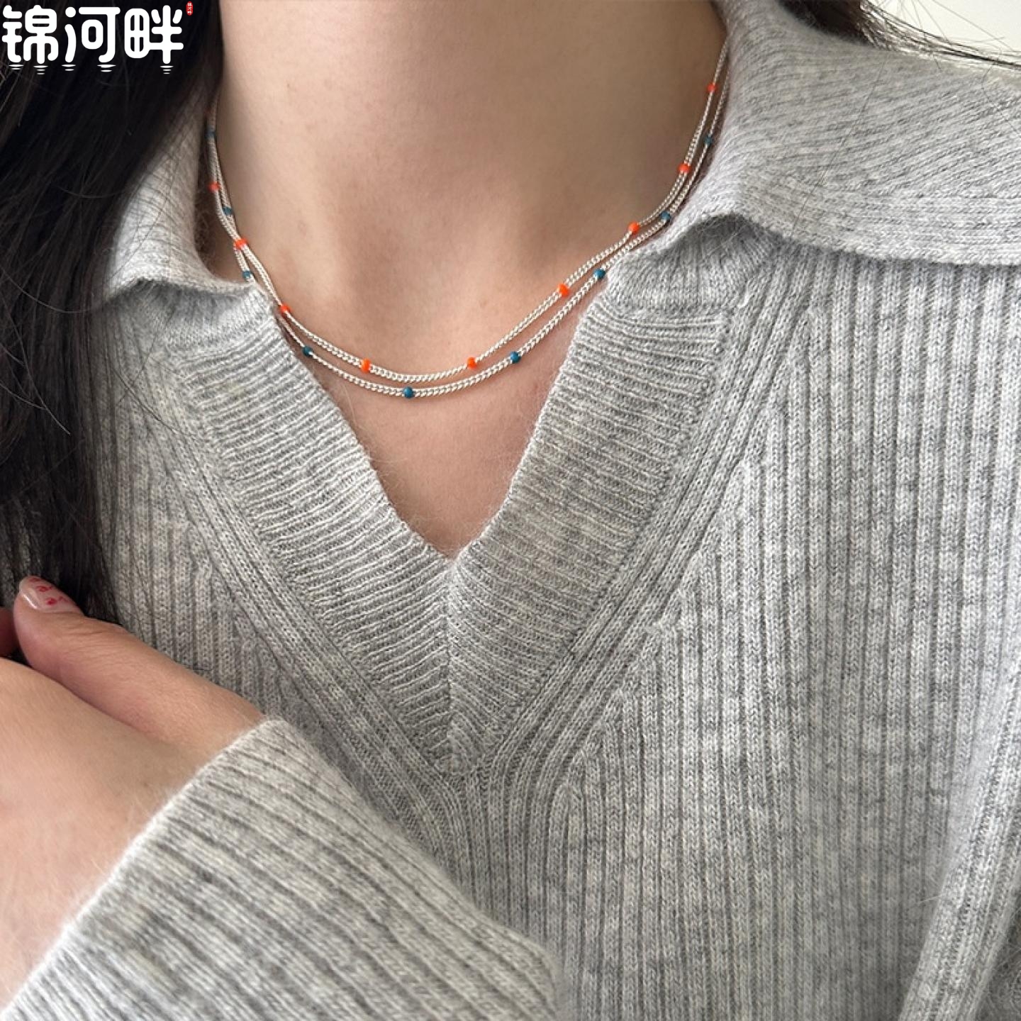 锦河畔 925纯银彩色豆豆项链女简约小众设计精滴油工艺小巧锁骨
