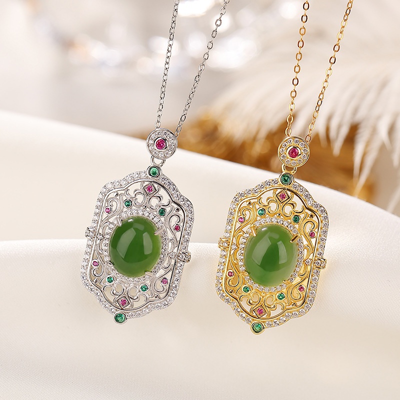 锦河畔 s925纯银镀金和田玉碧玉彩锆镂空蛋面吊坠复古气质女士挂