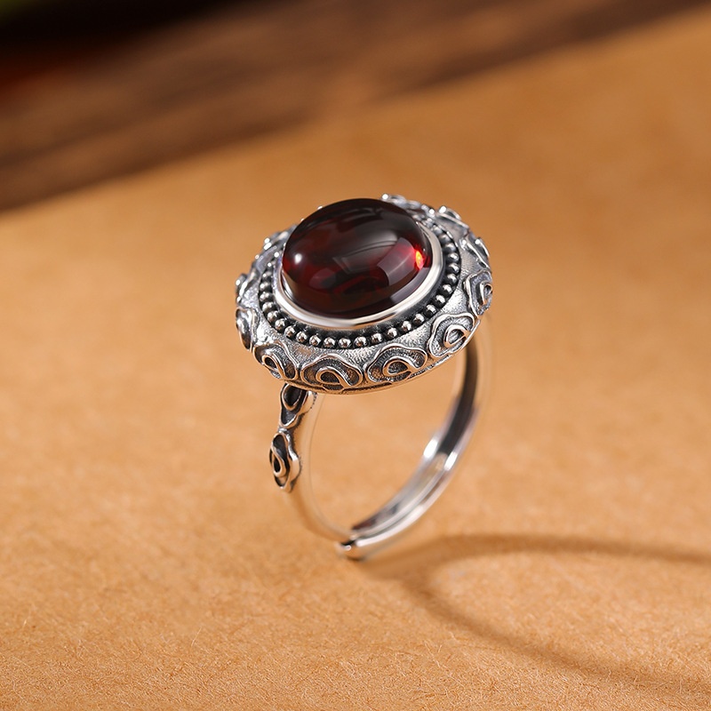 锦河畔 s925纯银血珀祥云圆珠戒指复古做旧民族风高级感气质银