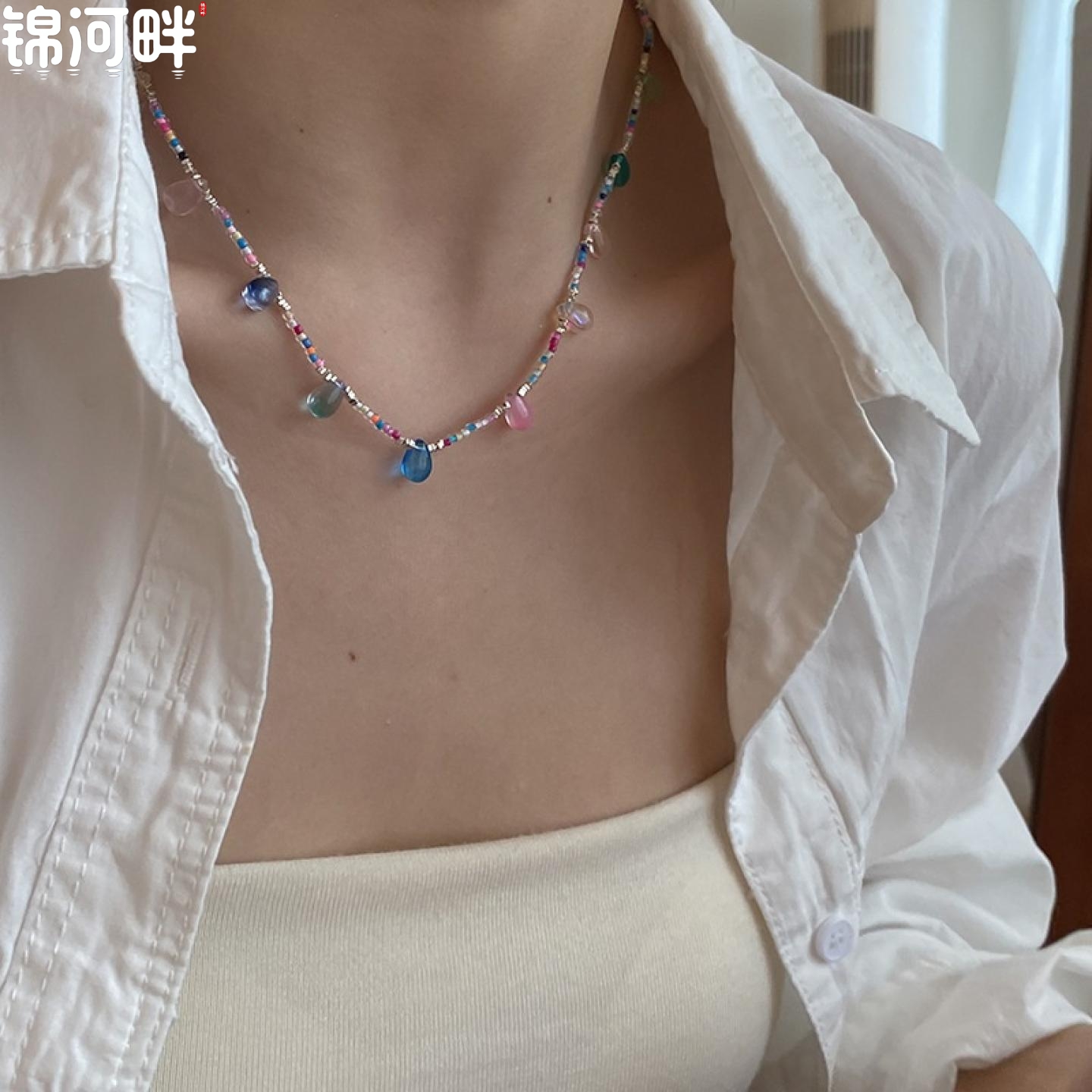 锦河畔 碎银子灯泡项链s925纯银手工彩色锁骨链波西米亚风格出游