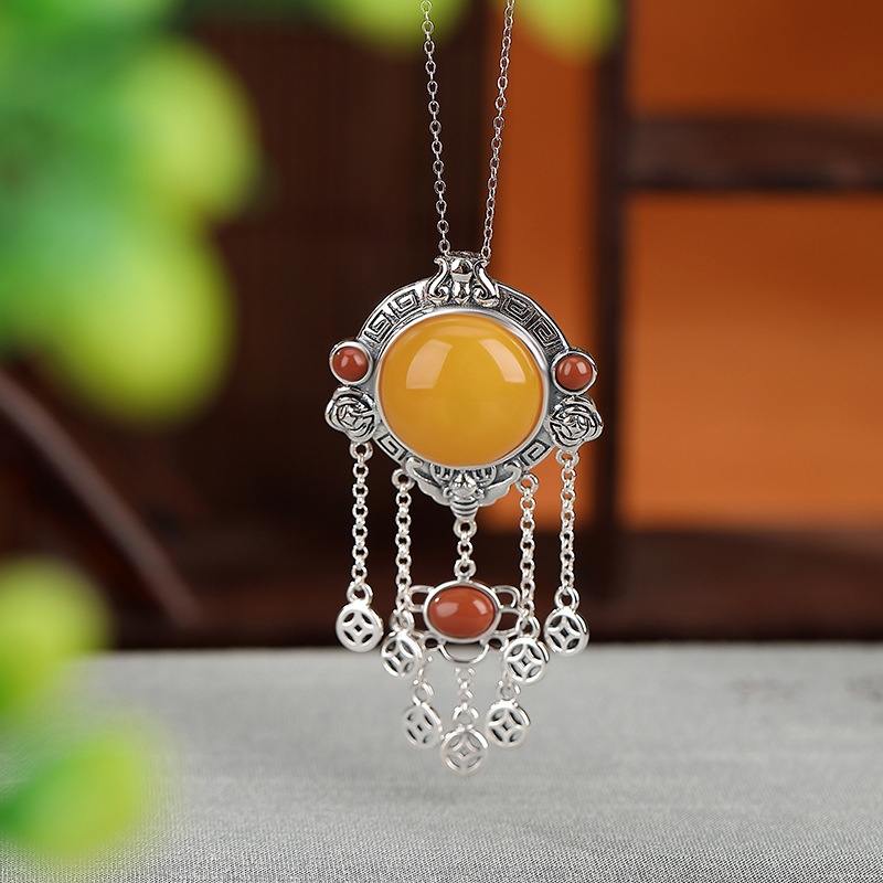 锦河畔 s925纯银南红蜜蜡新中式国风吉祥回纹钱币流苏圆形吊坠挂