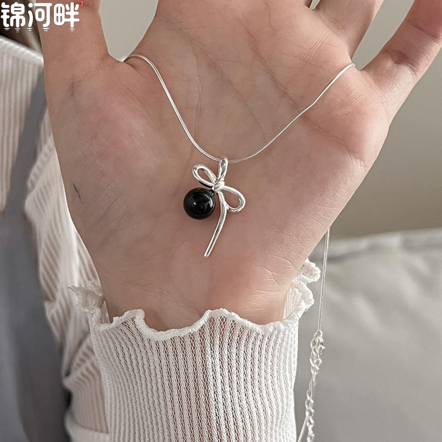 锦河畔 黑玛瑙蝴蝶结项链s925纯银亮银色锁骨链可爱甜美韩版银链