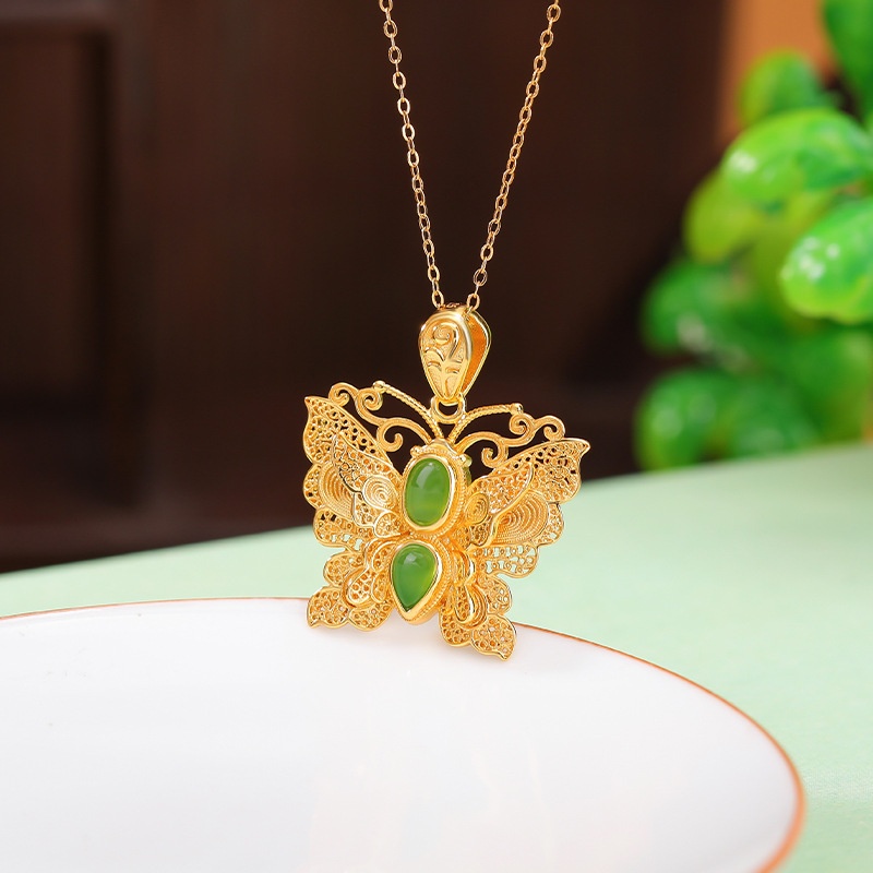 锦河畔 s925纯银镀金碧玉复古花丝镂空蝴蝶吊坠向阳而生小福蝶挂