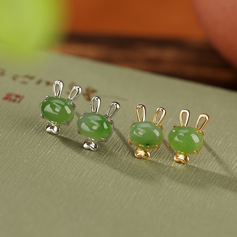 锦河畔 s925纯银镀金和田玉碧玉时尚气质兔子耳钉个性银耳饰