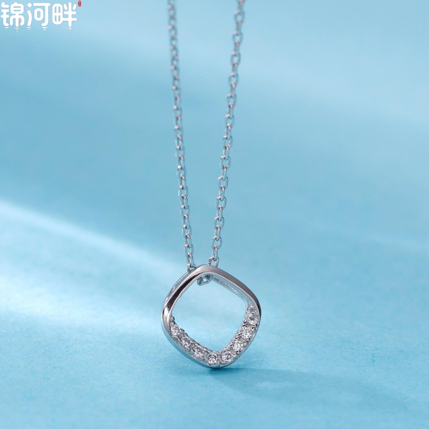 锦河畔 s925纯银几何方形项链女款韩版锁骨链简约气质学生个性小