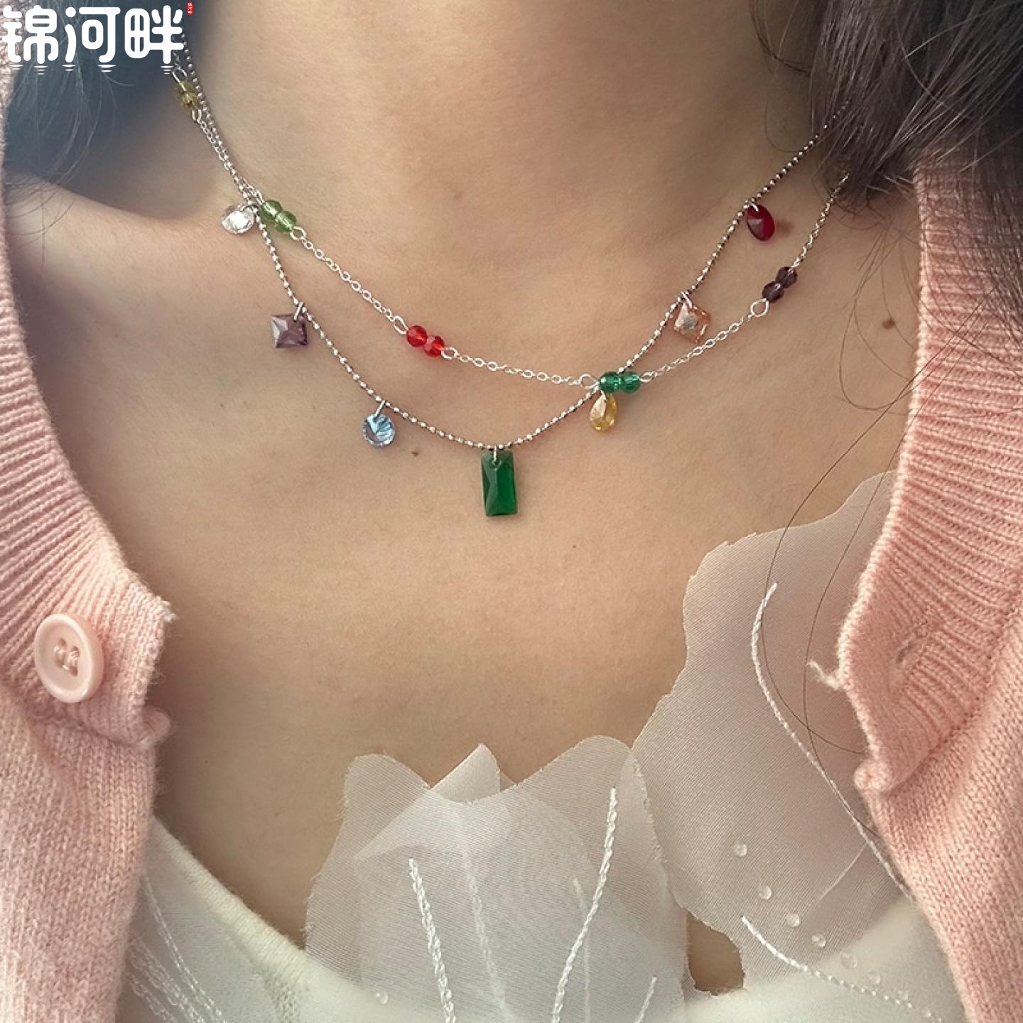 锦河畔 925纯银五彩水晶项链女韩国简约小众设计时尚百搭短款