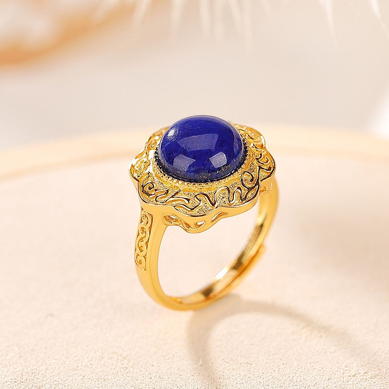 锦河畔 s925纯银镀金复古青金石祥云如意花纹镂空戒指气质花朵