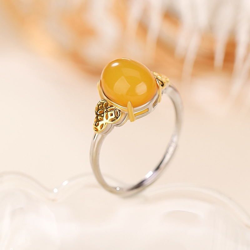 锦河畔 s925纯银镀金蜜蜡钱币蛋面戒指民族风饰品百搭优雅气质