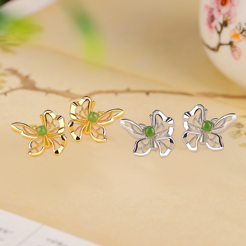 锦河畔 s925纯银镀金和田玉碧玉镂空蝴蝶耳钉文艺时尚个性气质