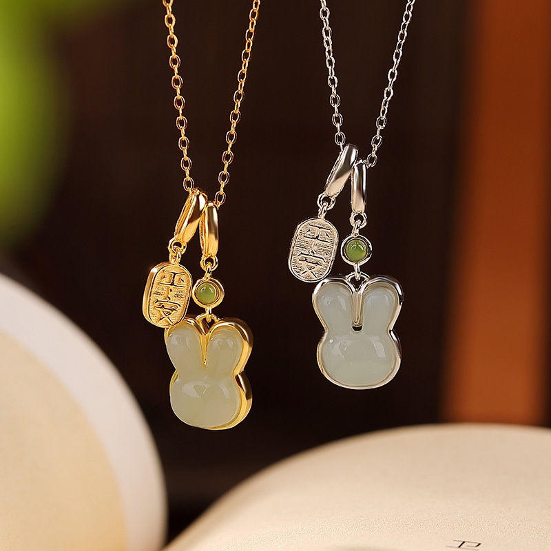 锦河畔 s925纯银镀金和田玉碧玉软萌可爱平安兔子吊坠银挂坠