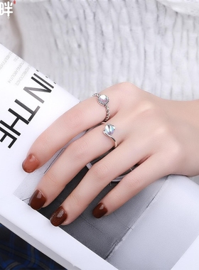 锦河畔 s925纯银韩版气质淑女款螺旋纹戒托蓝月光石百搭开口戒指