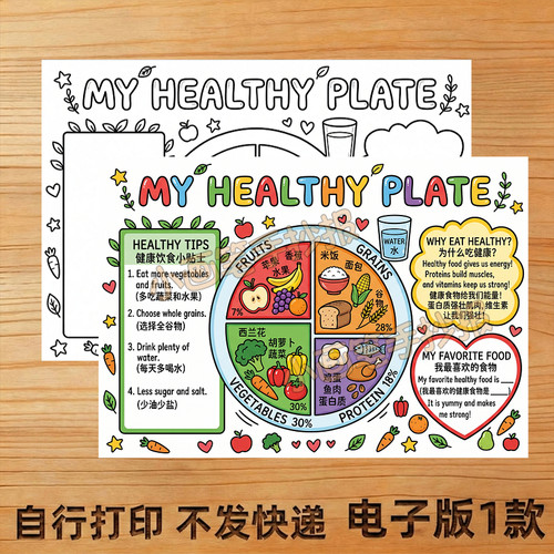my healthy plate手抄报我的健康餐盘英语主题画4K小报A3