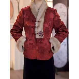 高档毛领宋锦提花缎夹棉加厚新中式棉衣外套2025冬季新款显瘦棉袄