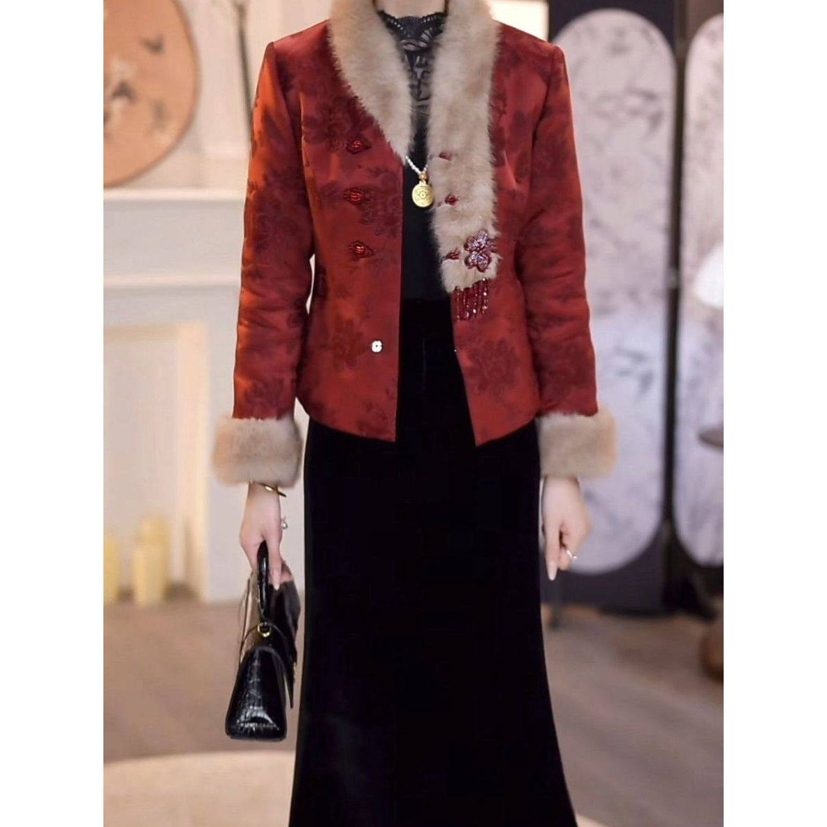 加厚夹棉宋锦提花缎新中式棉衣外套连衣裙两件套冬季新款气质套装