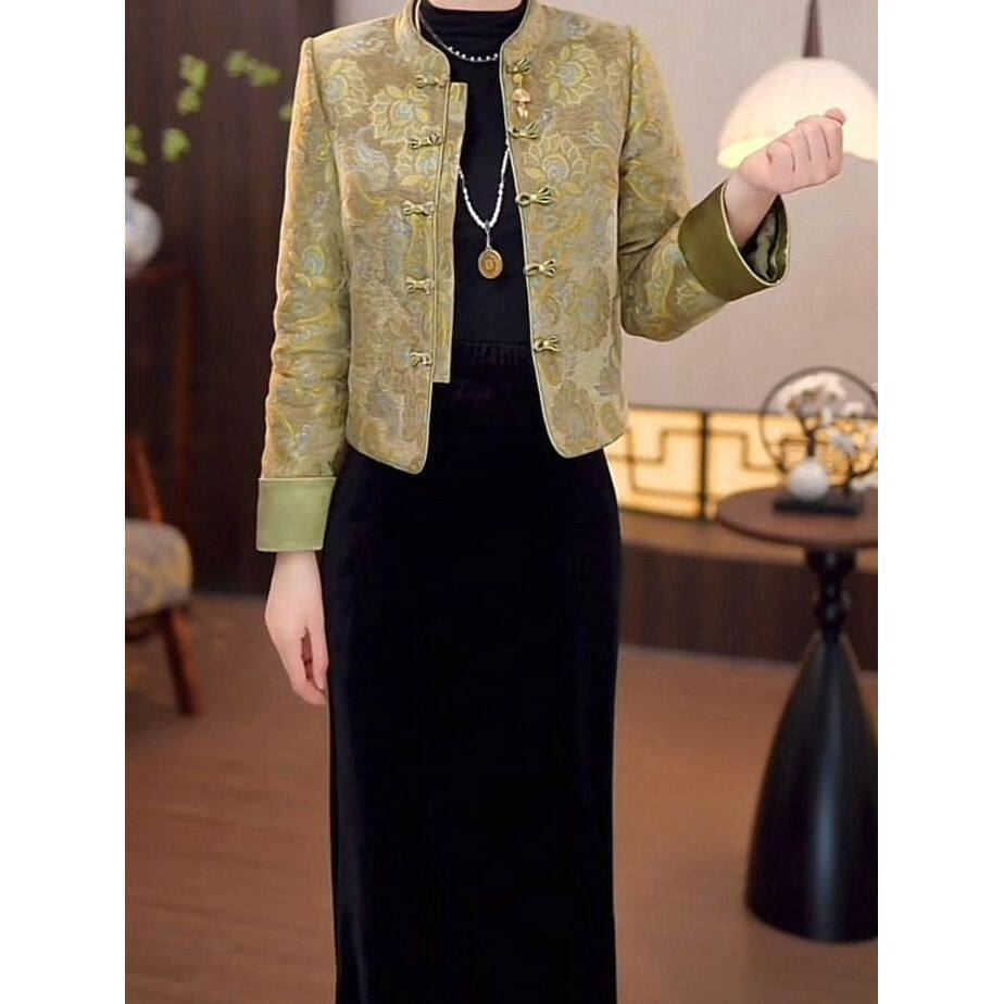 新中式宋锦提花缎加厚棉外套半身裙两件套2025东新款气质显瘦套装