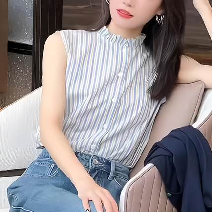 竖条纹半高领木耳边衬衫女无袖背心打底衫内搭叠穿百搭春秋冬上衣