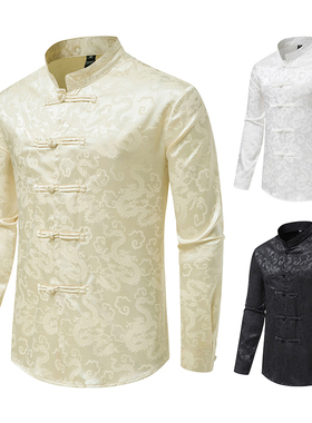 大码2024秋季汉唐风装衬衣男长袖中国风潮流中式盘扣黑色白色衬衫