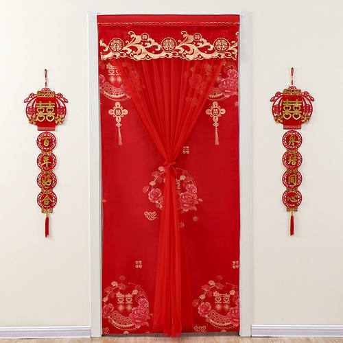 婚庆大红纱帘家用免打孔蕾丝布艺门帘子新款卧室厨房隔断装饰挂帘