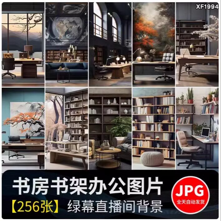 书房书架办公桌室内现代中式古典抖音直播间绿幕虚拟背景图片素材
