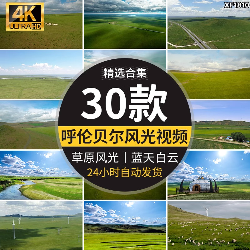 内蒙古呼伦贝尔风光大草原蓝天白云旅游风景高清航拍背景视频素材