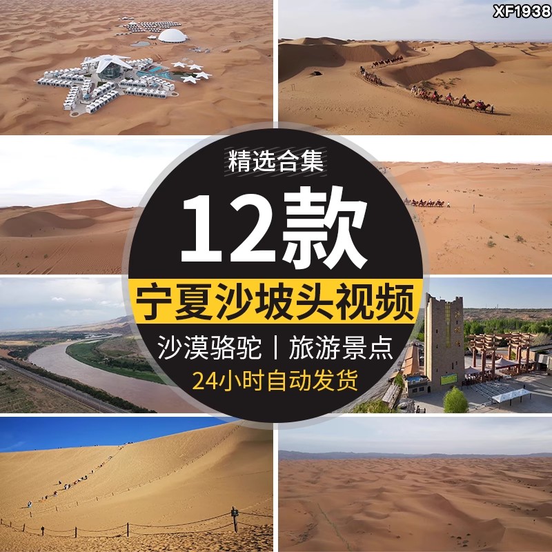 宁夏中卫沙坡头沙漠骆驼队黄河风光旅游景点航拍高清实拍视频素材