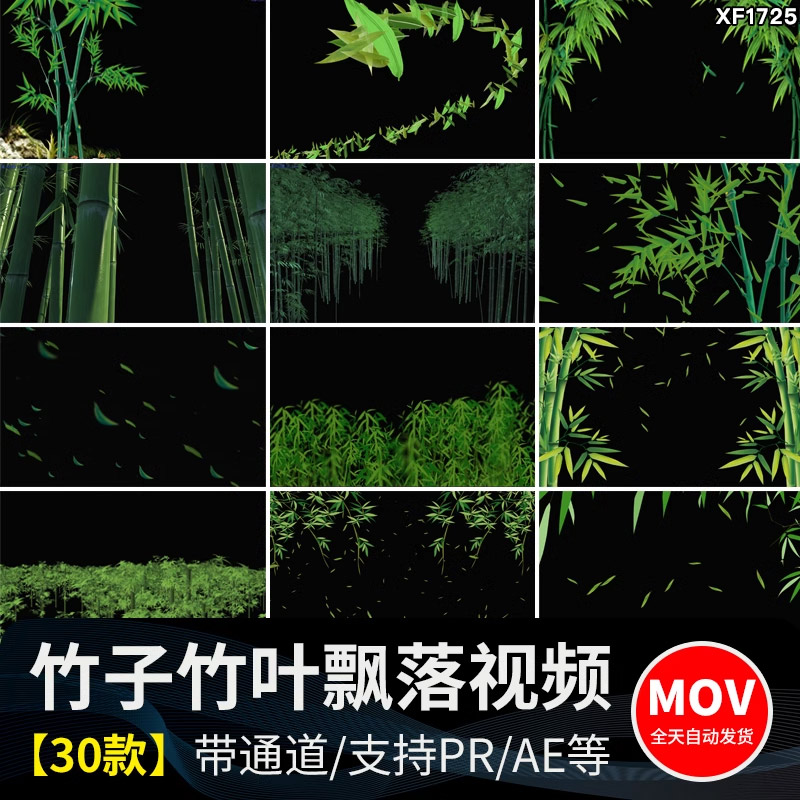 竹叶飘落竹子竹林绿色叶子落叶树叶散落MOV透明通道pr/ae视频素材