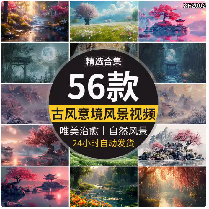 中国风古风意境云雾建筑古典治愈自然风景山水桃花卡通短视频素材