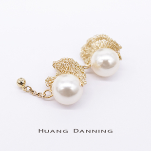DANNING手工钩针刺绣荷叶边施华洛珍珠耳环高级感耳饰耳夹 HUANG