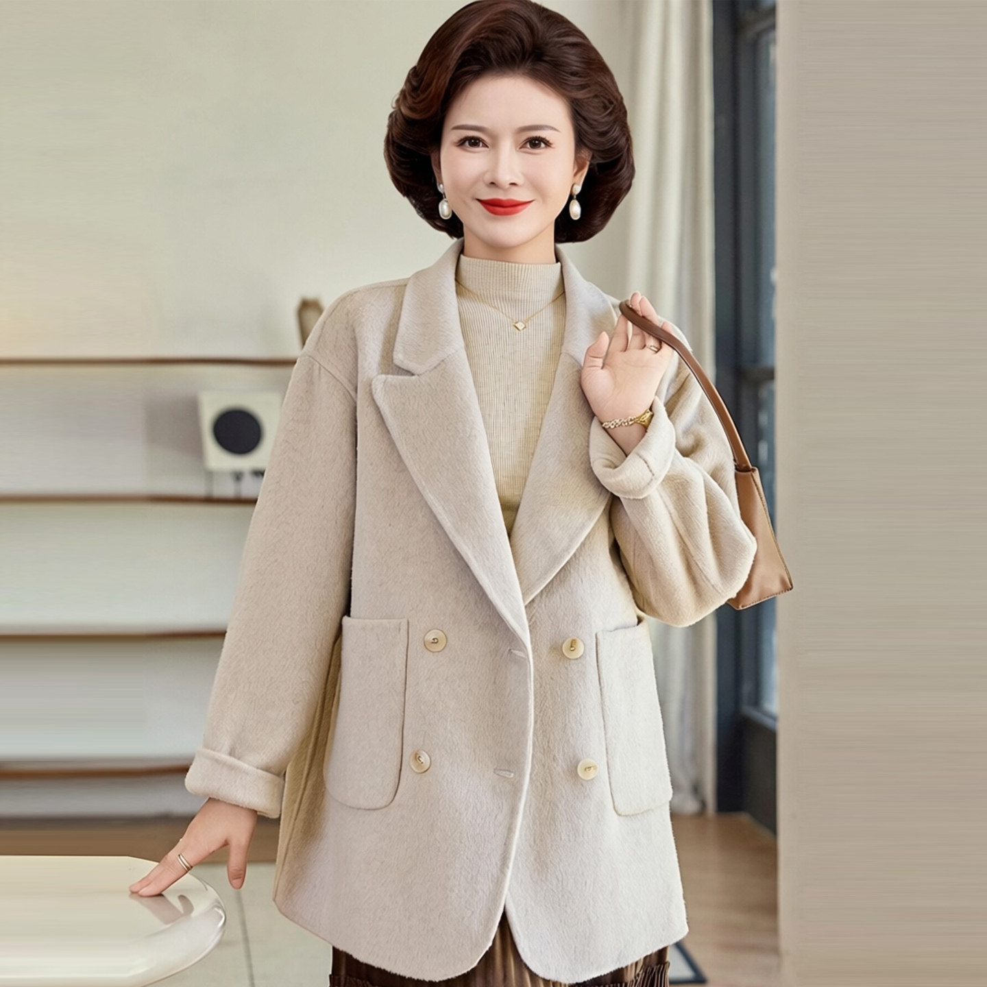 中年妈妈双面呢外套休闲大码显瘦