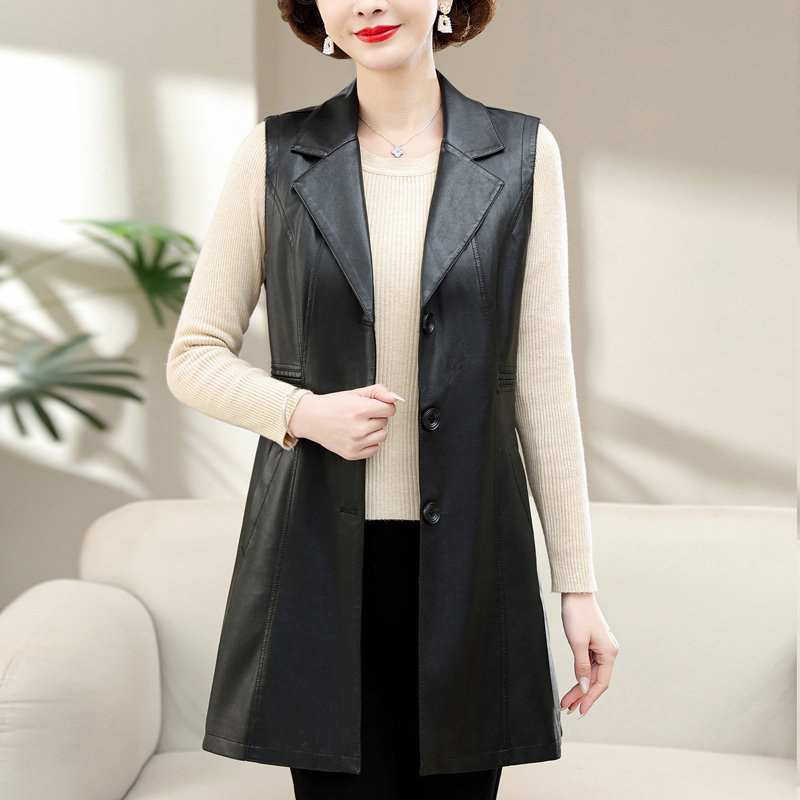 马甲女时尚潮流PU皮坎肩妈妈春装外套中年人皮马夹洋气高贵西装领