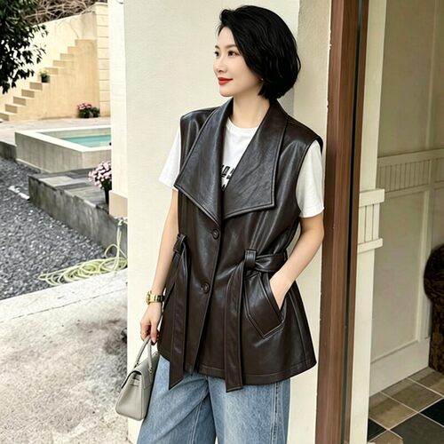 皮马甲女中长款大翻领皮坎肩系带