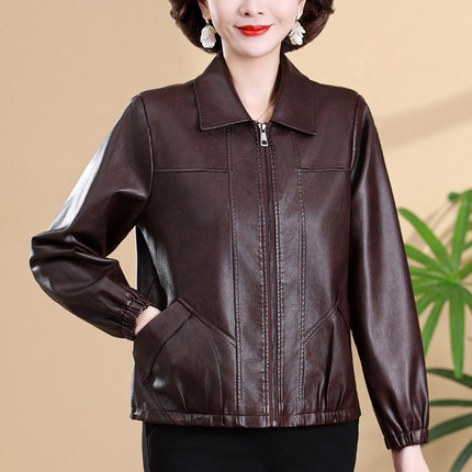 皮衣外套女休闲宽松韩版中年妈妈皮夹克春秋新款时尚妇女水洗皮褂