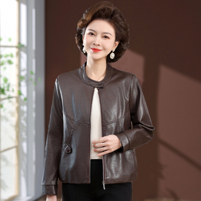 中年女人皮衣外套休闲圆领皮夹克