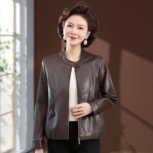 中年女人皮衣外套休闲圆领皮夹克