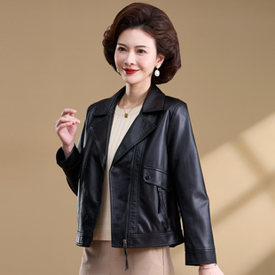 皮夹克机车风翻领上衣今年流行 年轻妈妈春装 皮衣外套女洋气新款