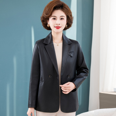 皮西装女时髦洋气修身款妈妈皮衣