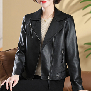 皮衣女外套短款年轻妈妈春秋PU皮夹克洋气机车风上衣中年女人